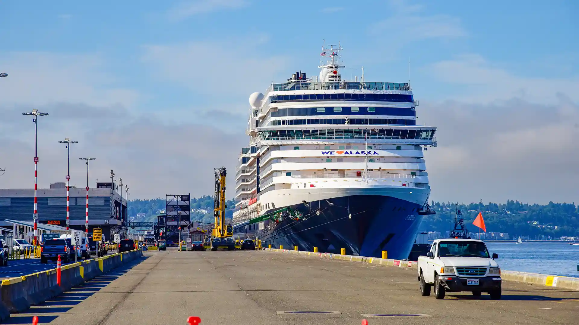 View of Holland America Line cruise ship at Port of Seattle.